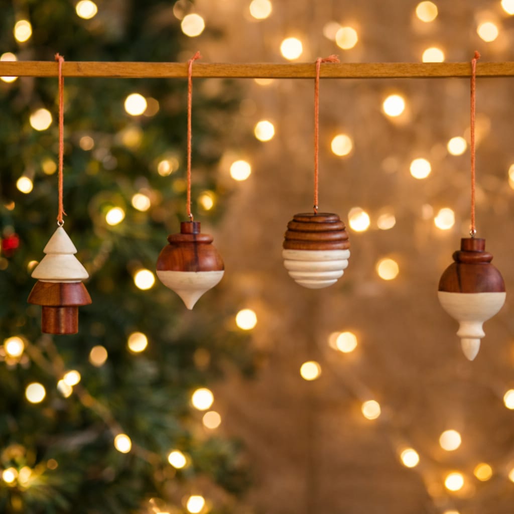 Christmas Tree Hangings (Pack of 4) | Natural wood ornaments | Handmade | Reusable | Made in India