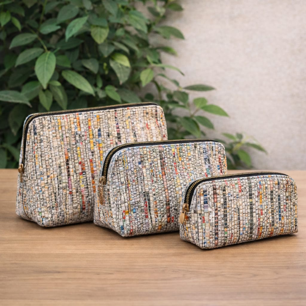 Charcha Zip Pouch Set of 3 | Eco-Friendly Organizer Pouches Made from Upcycled Newspaper
