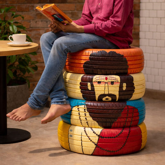 Sadhu Tyre Seater | Set of 4 Upcycled Car Tyres | Handcrafted & Hand-Painted Outdoor Furniture by Scrapshala | Café & Lounge Seating