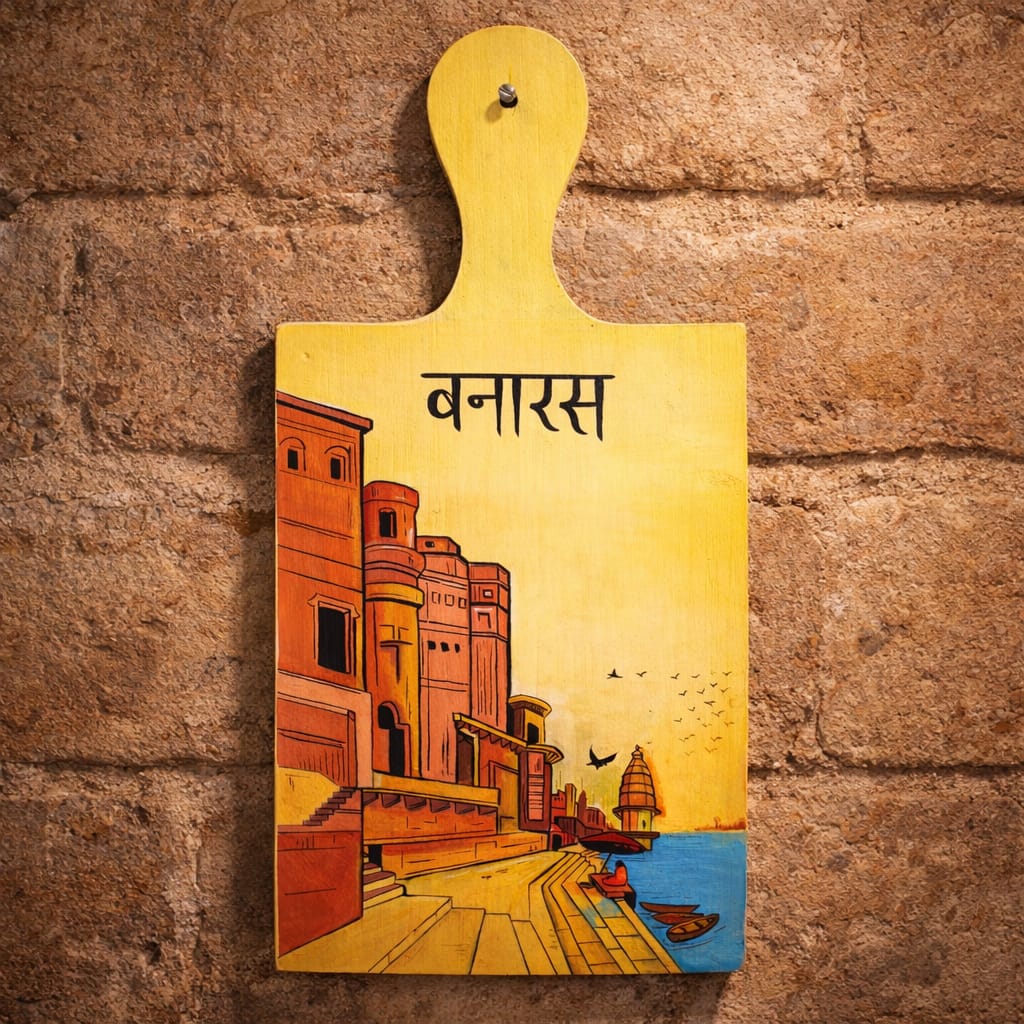 Ghats of Varanasi Wall Decor | Rectangular | Backside Hanging Hook | Handpainted | Made in India | Scrapshala