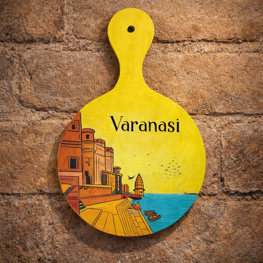 Ghats of Varanasi Handpainted Round Wooden Wall Art | Reclaimed Wood Décor
