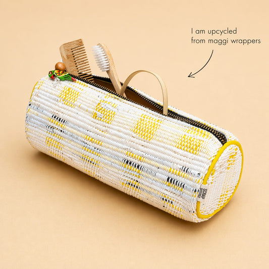 Upcycled yellow zip pouch | Multipurpose | Metal zipper | Spacious | Light weight | Handcrafted