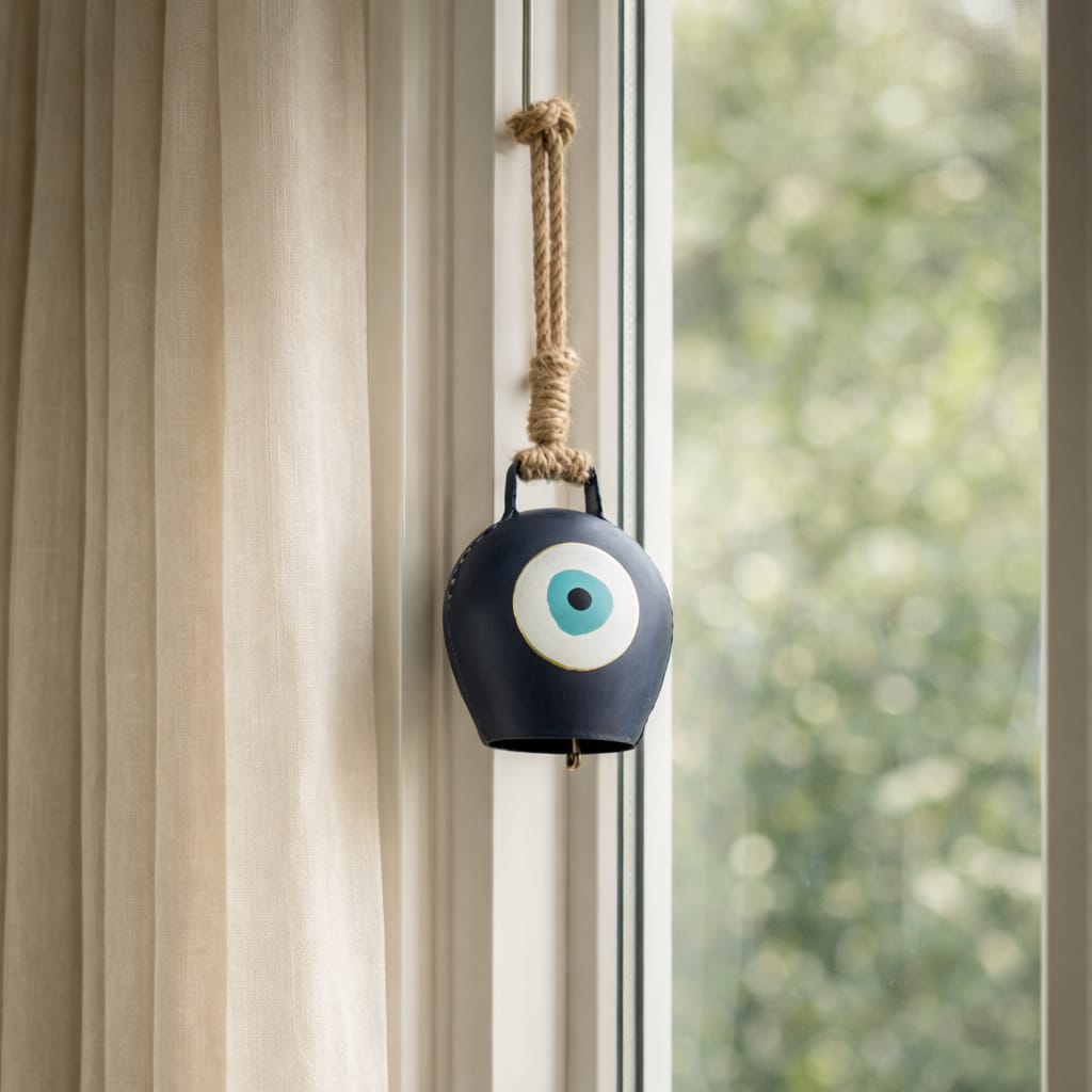 Evil Eye Cowbell Hanging | Handcrafted | Protective Wall & Door Hanging with Soothing Sound