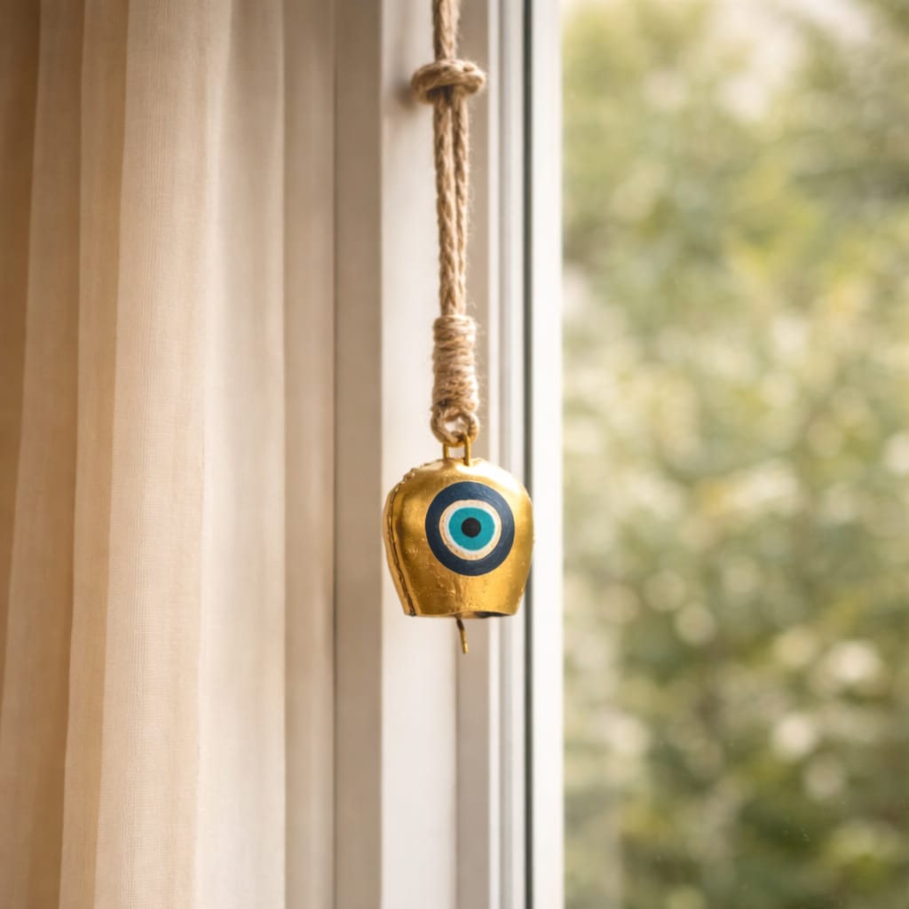 Guardian Evil Eye Bells | Set of 2 | Handcrafted Cowbell Hanging | Nazar Protection with Soothing Sound | Sustainable & Made in Banaras