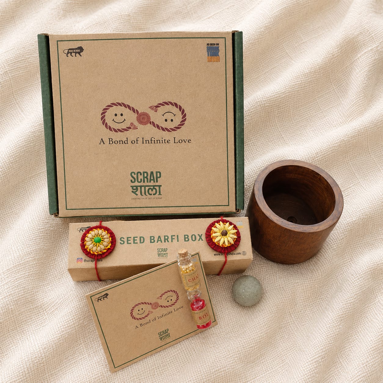Akkad-Bakkad Grow Rakhi Box | Set of 2 plantable rakhi | Wooden planter | Planting material | Roli-Chawal | Seed ball | Greeting card | Handmade in Banaras