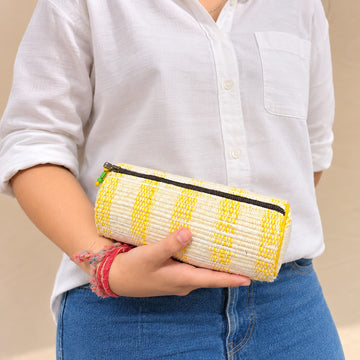 Upcycled yellow zip pouch | Multipurpose | Metal zipper | Spacious | Light weight | Handcrafted