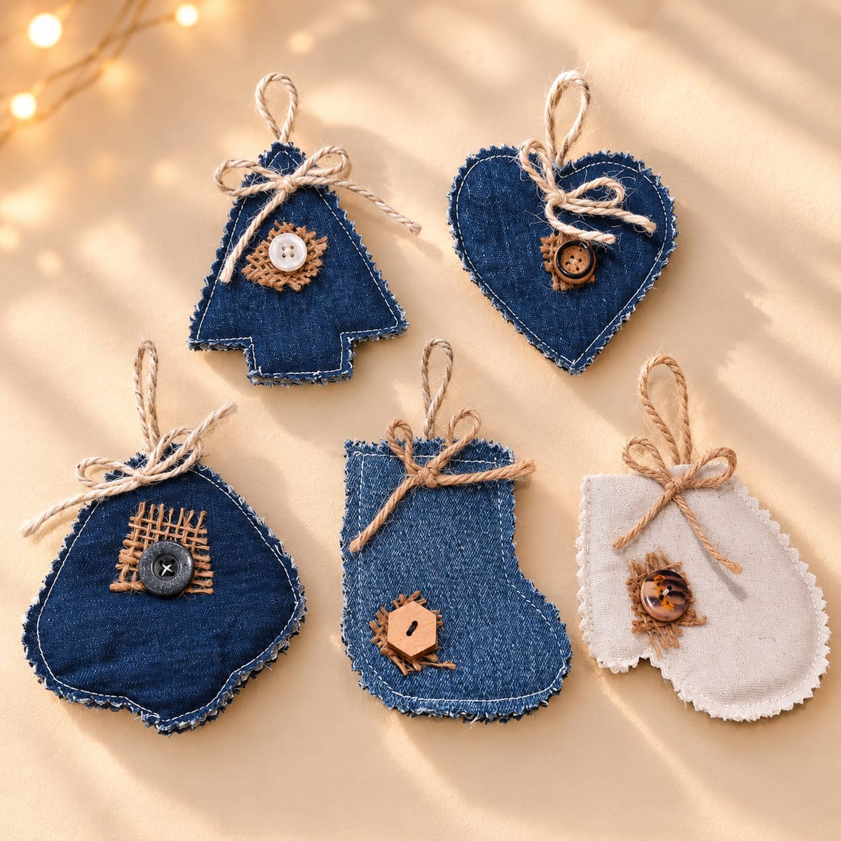Upcycled Denim Christmas Ornaments | Set of 5 Handmade Reusable Decorations