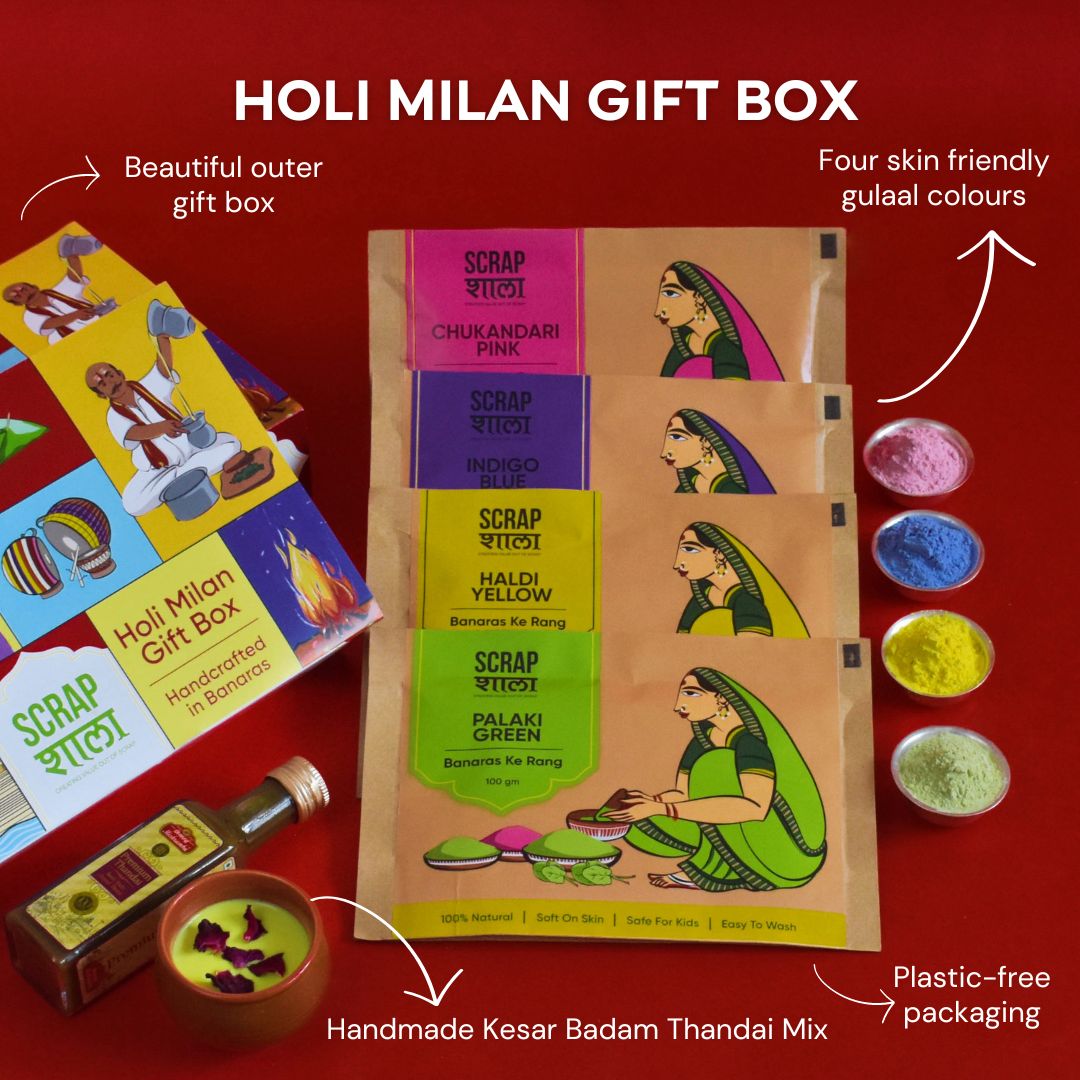 Holi Milan Gift Box | Four Packs of Natural Gulaal | Thandai Mix | Safe for Kids | Handmade in Banaras