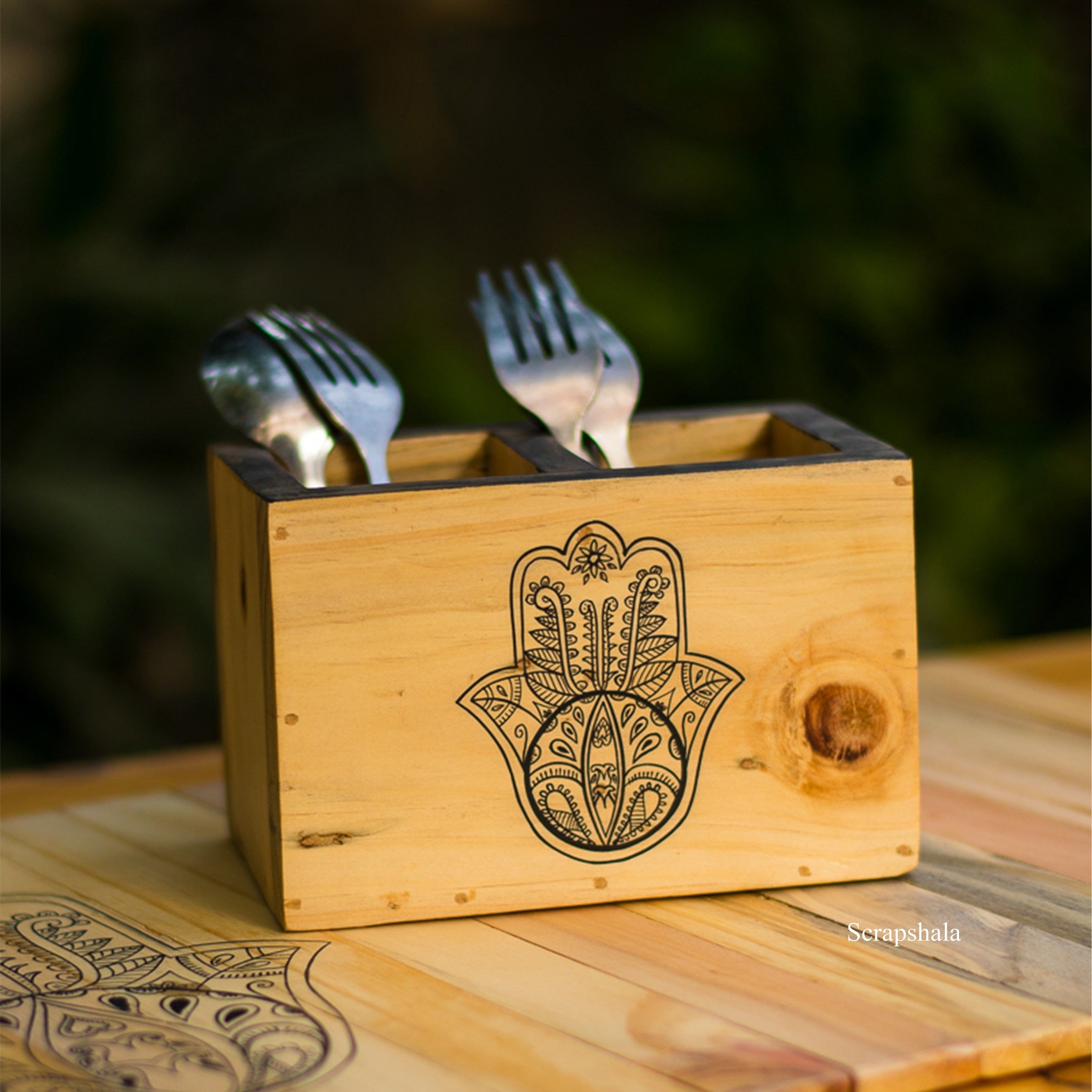 Hamsa Hand Cutlery Holder | Handpainted Wooden Table Organizer | ScrapShala