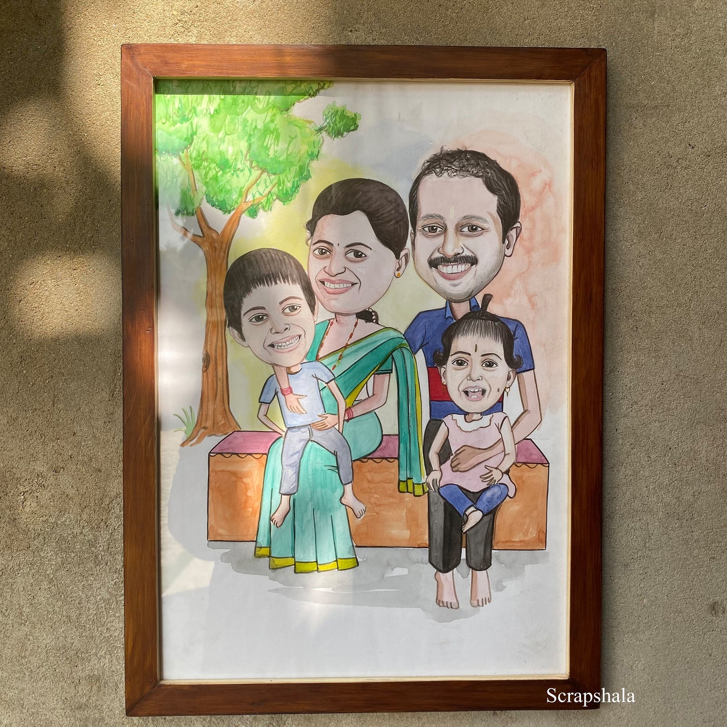 Caricature Framed Wall Hanging | Handpainted | Personalized | Natural wooden frame | Scrapshala