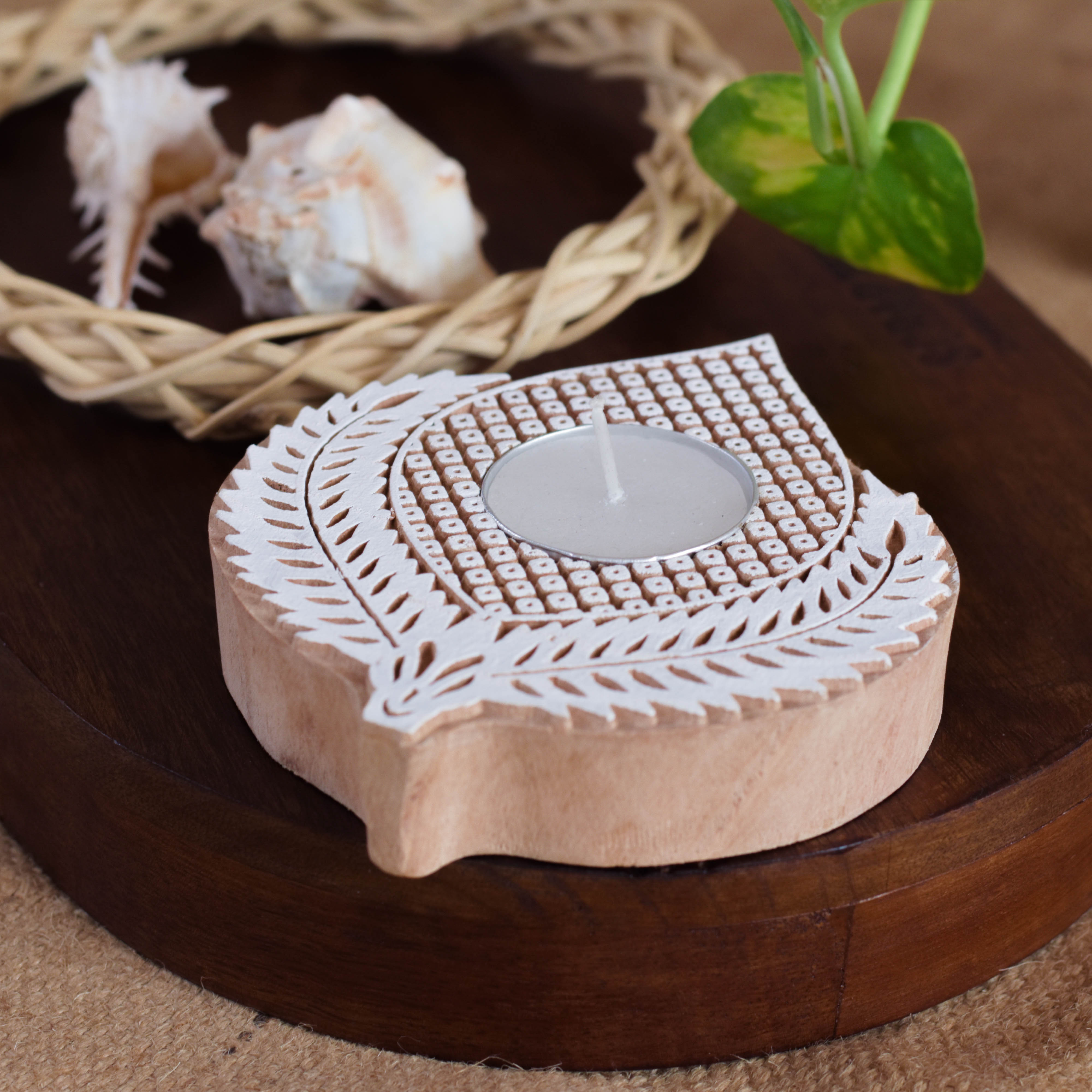 Kali Wooden Tea Light Holders (Set of 2) | Upcycled Mango Wood Candle Holders | Handmade Indian Block Print Decor | Scrapshala