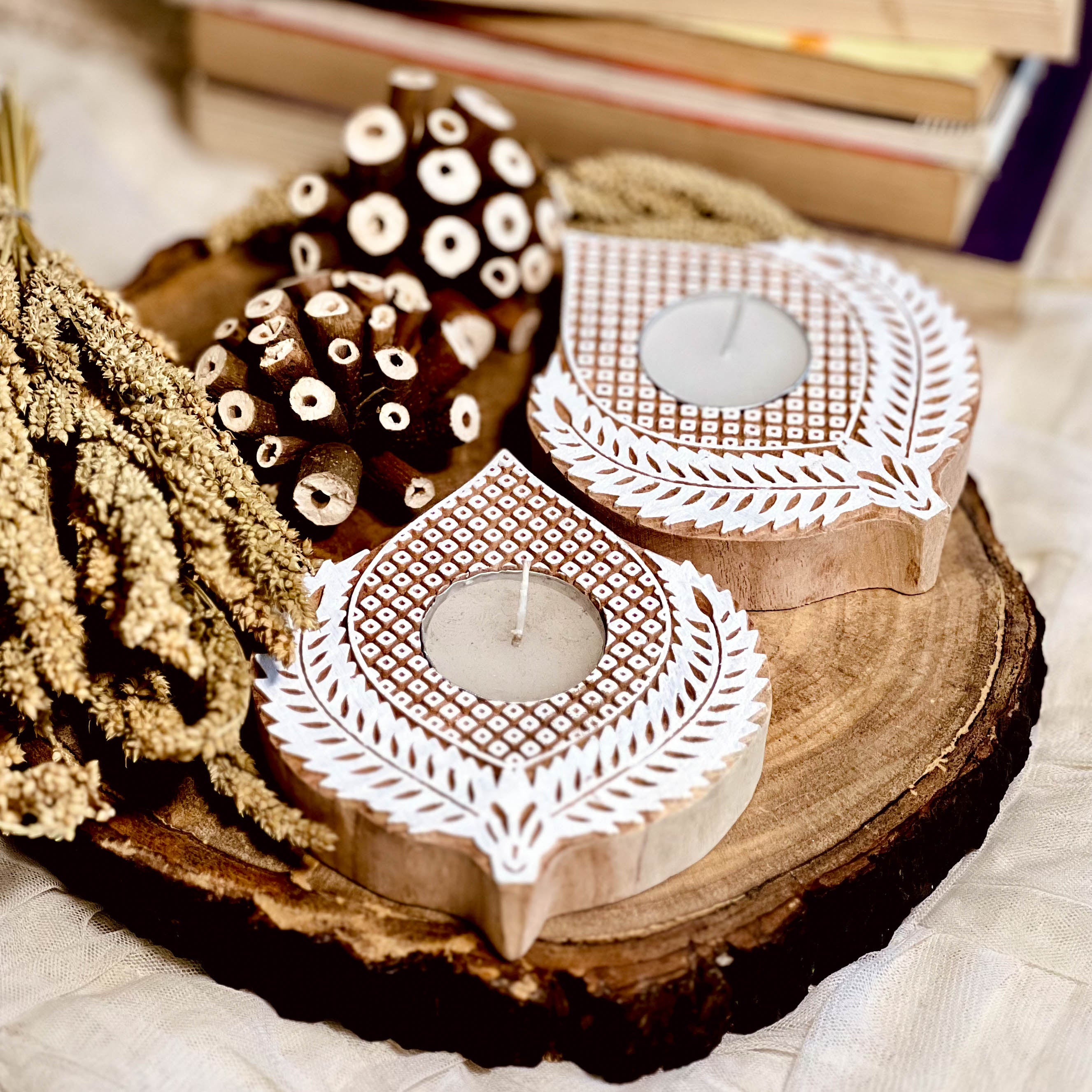 Kali Wooden Tea Light Holders (Set of 2) | Upcycled Mango Wood Candle Holders | Handmade Indian Block Print Decor | Scrapshala