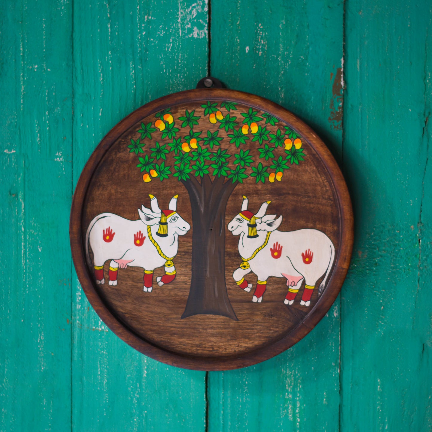 Nandi Under the Tree Wall Decor Plate | Pichwai art | Hand-painted | Reclaimed Mango Wood | Scrapshala