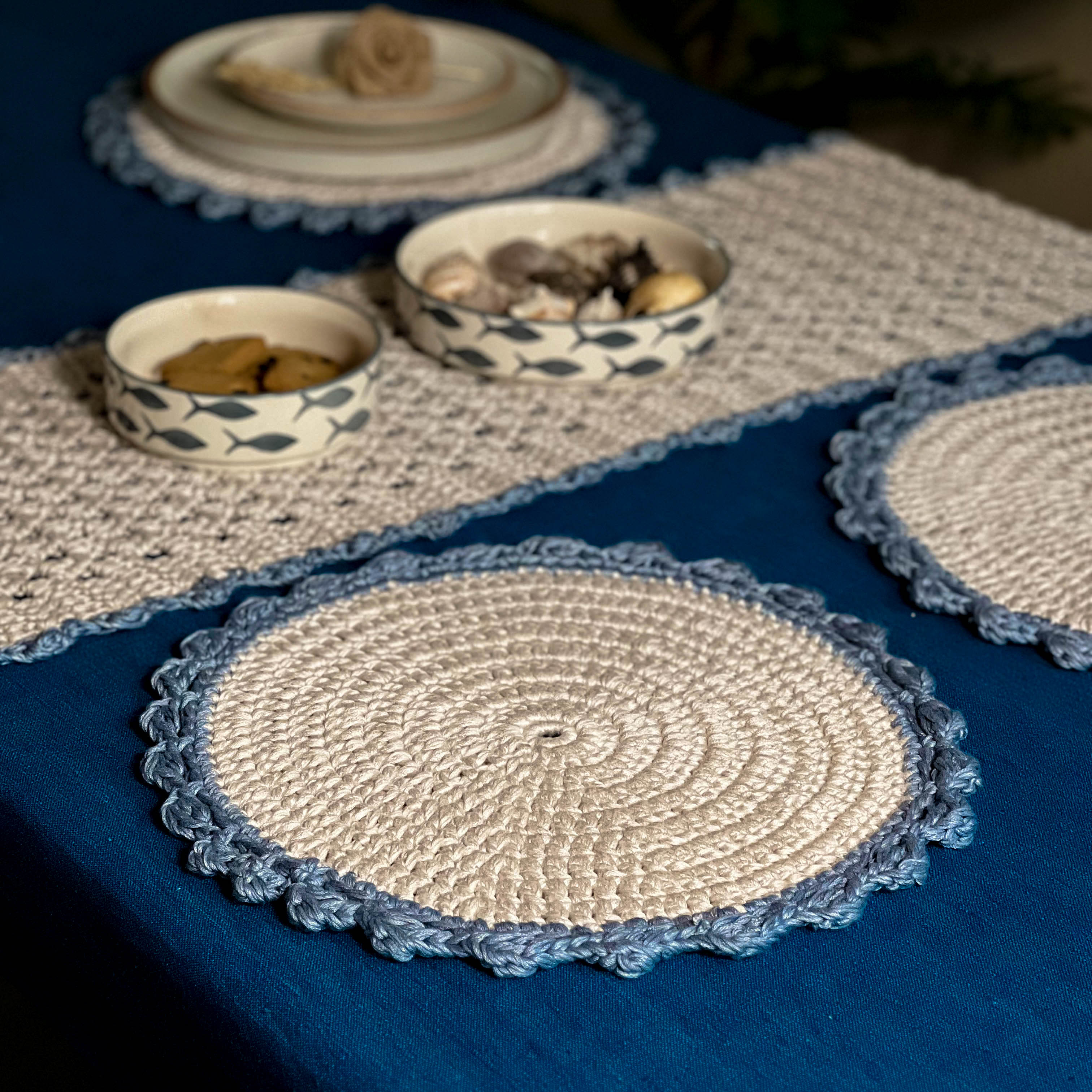 Sandhya Crochet Runner & Mat Set (Pack of 7) | Handmade Cotton Table Décor | Artisan Crafted | Scrapshala