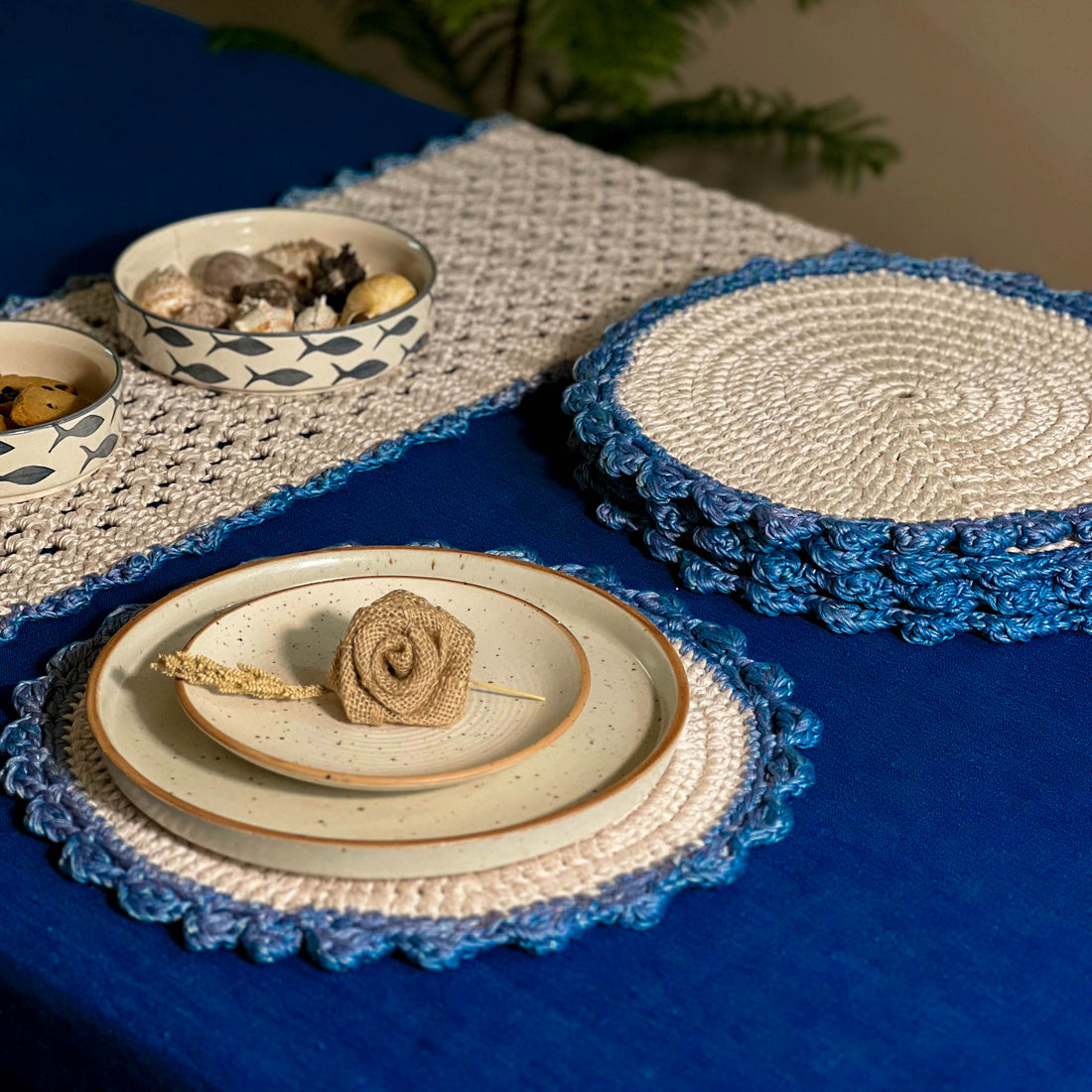 Sandhya Crochet Runner & Mat Set (7-Piece) | Handmade Cotton Table Décor | Artisan Crafted | Scrapshala
