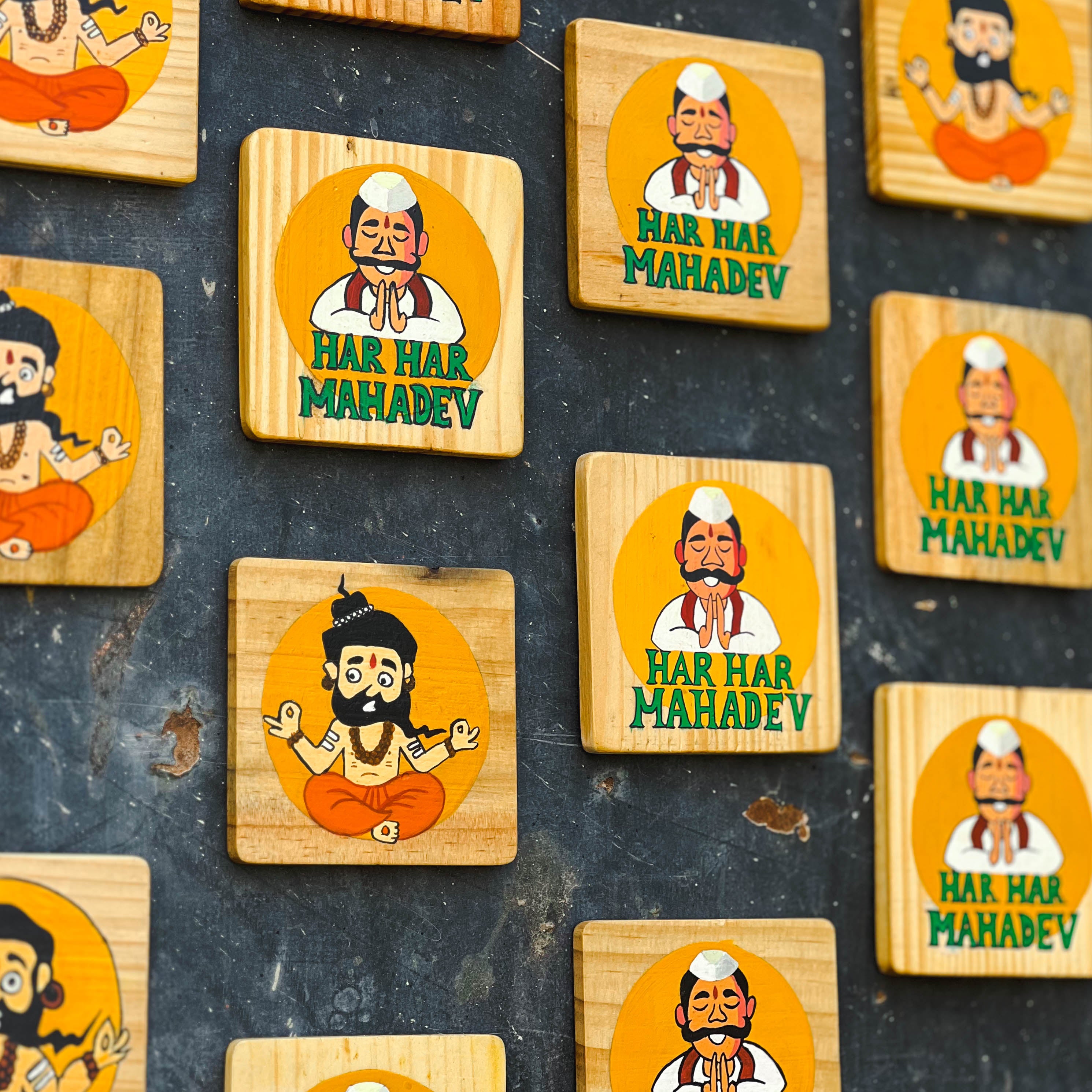 Spiritual Fridge Magnet Pack of 2 | Handpainted Banaras Souvenir | Reclaimed Wood | Scrapshala