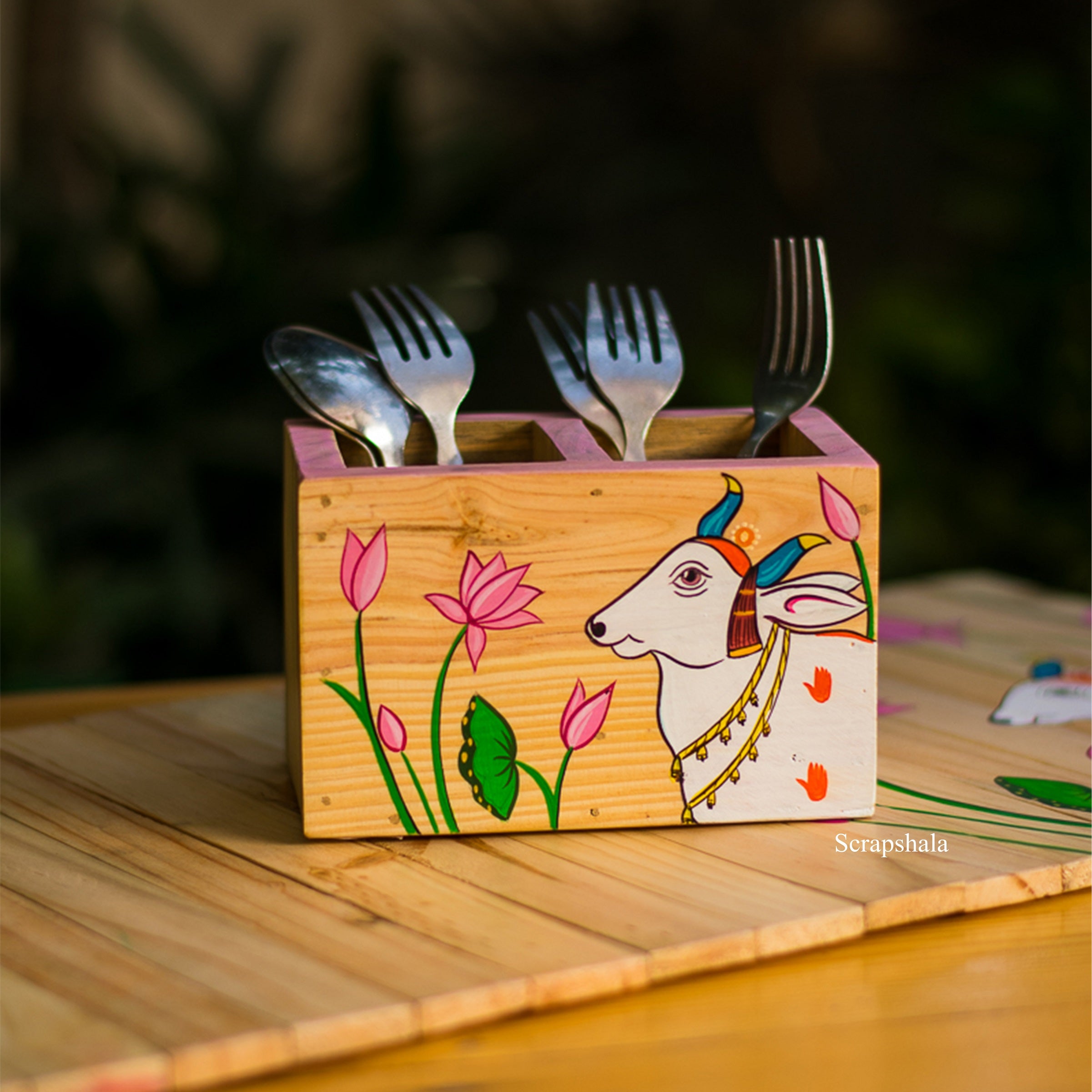 Pichwai Cow Cutlery Holder | Hand-Painted Wooden Table Organizer | Reclaimed Pine Wood | Scrapshala