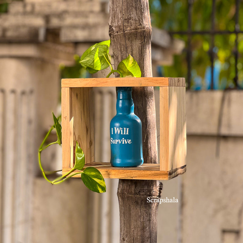 I Will Survive – Blue Upcycled Glass Bottle Planter | Handmade Wooden Wall & Table Planter