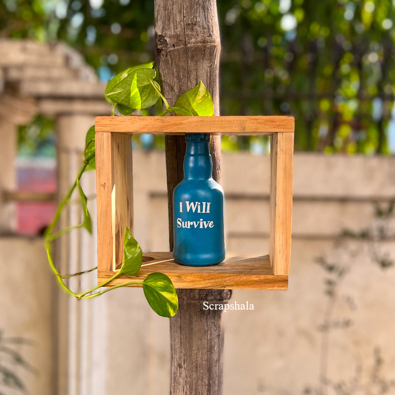 I Will Survive – Blue Upcycled Glass Bottle Planter | Handmade Wooden Wall & Table Planter