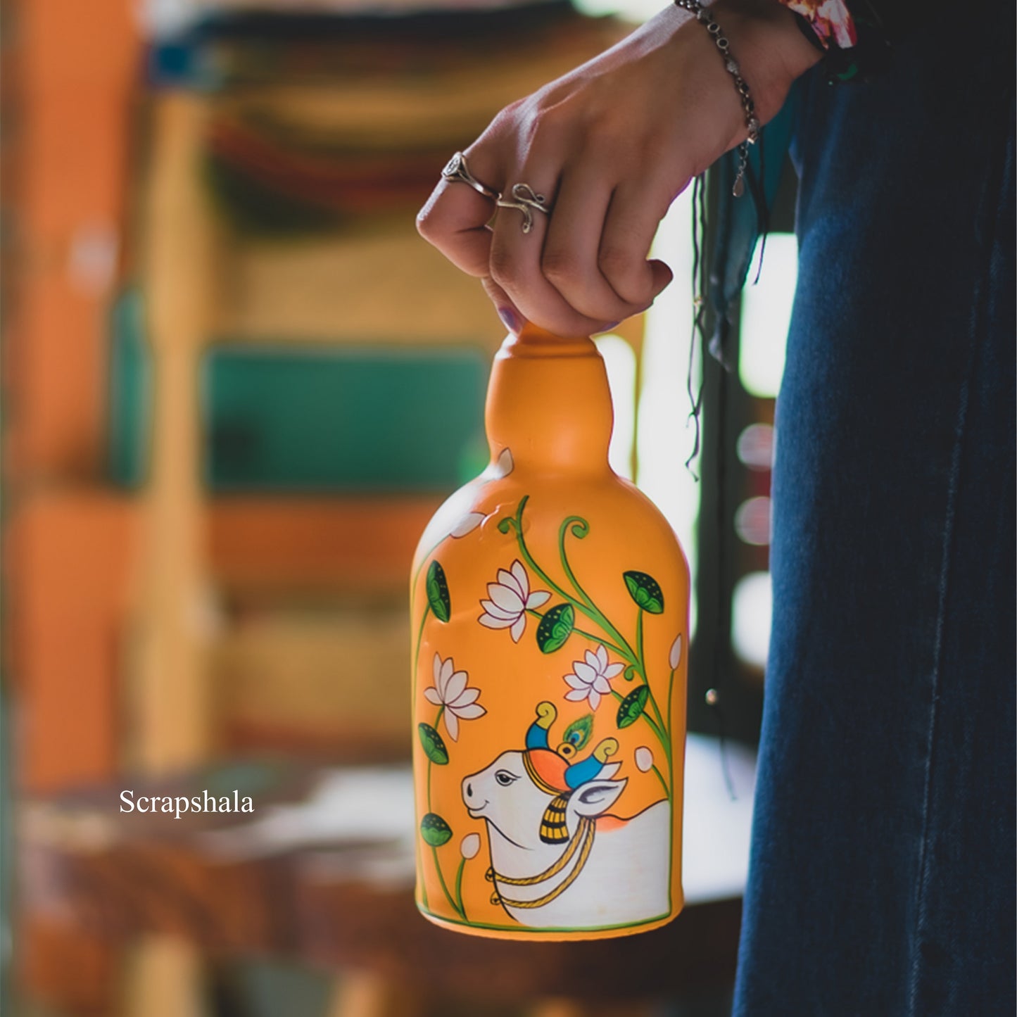 Nandi Pichwai Bottle | Washable with cork stopper | Hand-painted | Multipurpose | Scrapshala