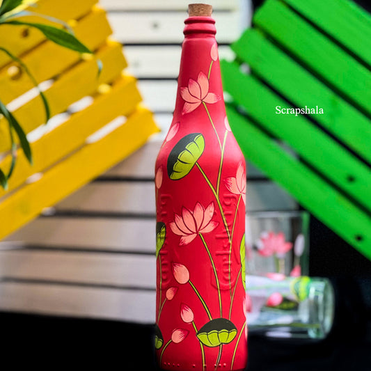 Red Pichwai Lotus Bottle | Washable with cork stopper | Hand-painted | Multipurpose | Scrapshala