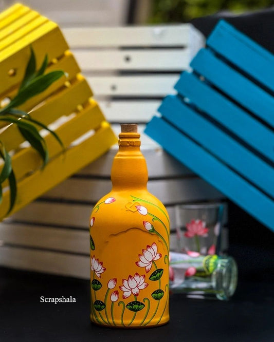 Lotus Pichwai Bottle | Washable with cork stopper | Hand-painted | Multipurpose | Scrapshala