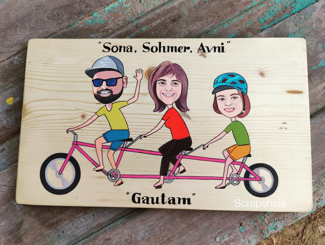 Personalized Caricature Nameplate | Handpainted | Natural wood | Scrapshala