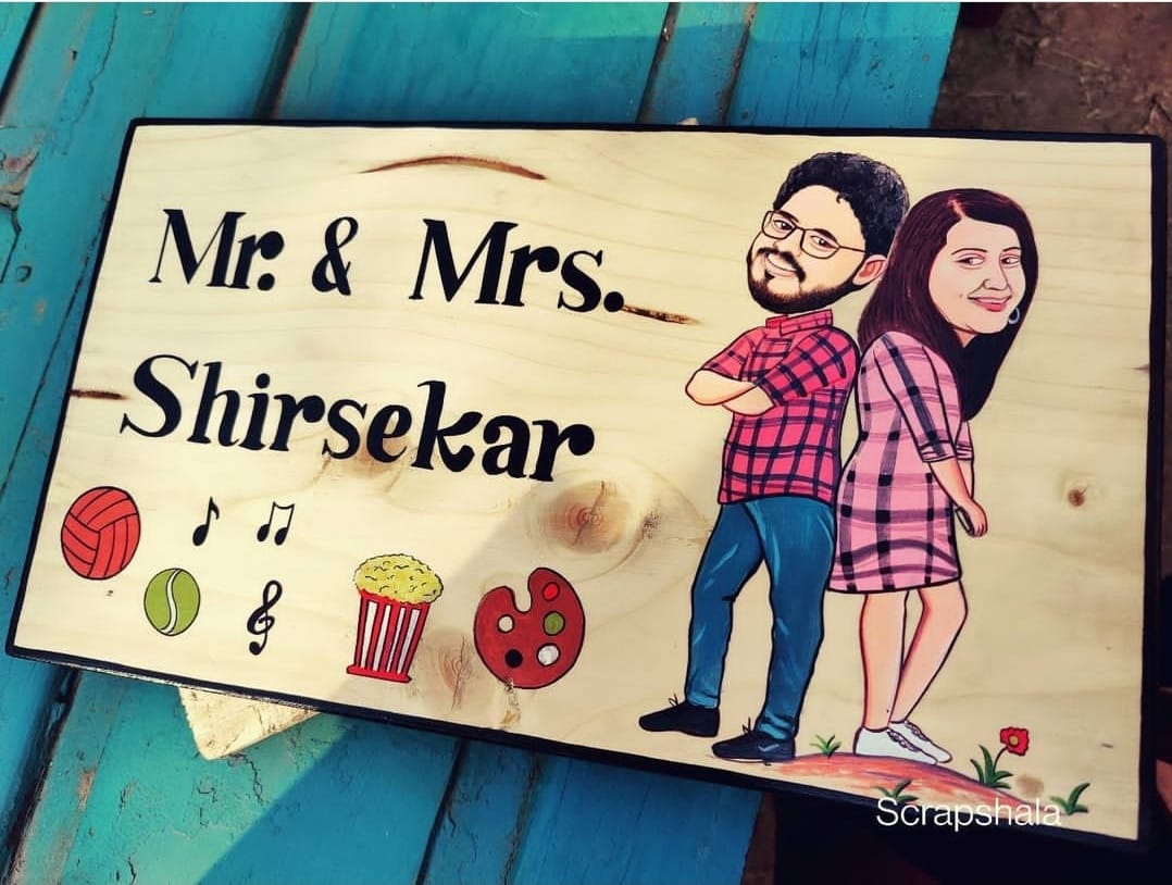 Personalized Caricature Nameplate | Handpainted | Natural wood | Scrapshala