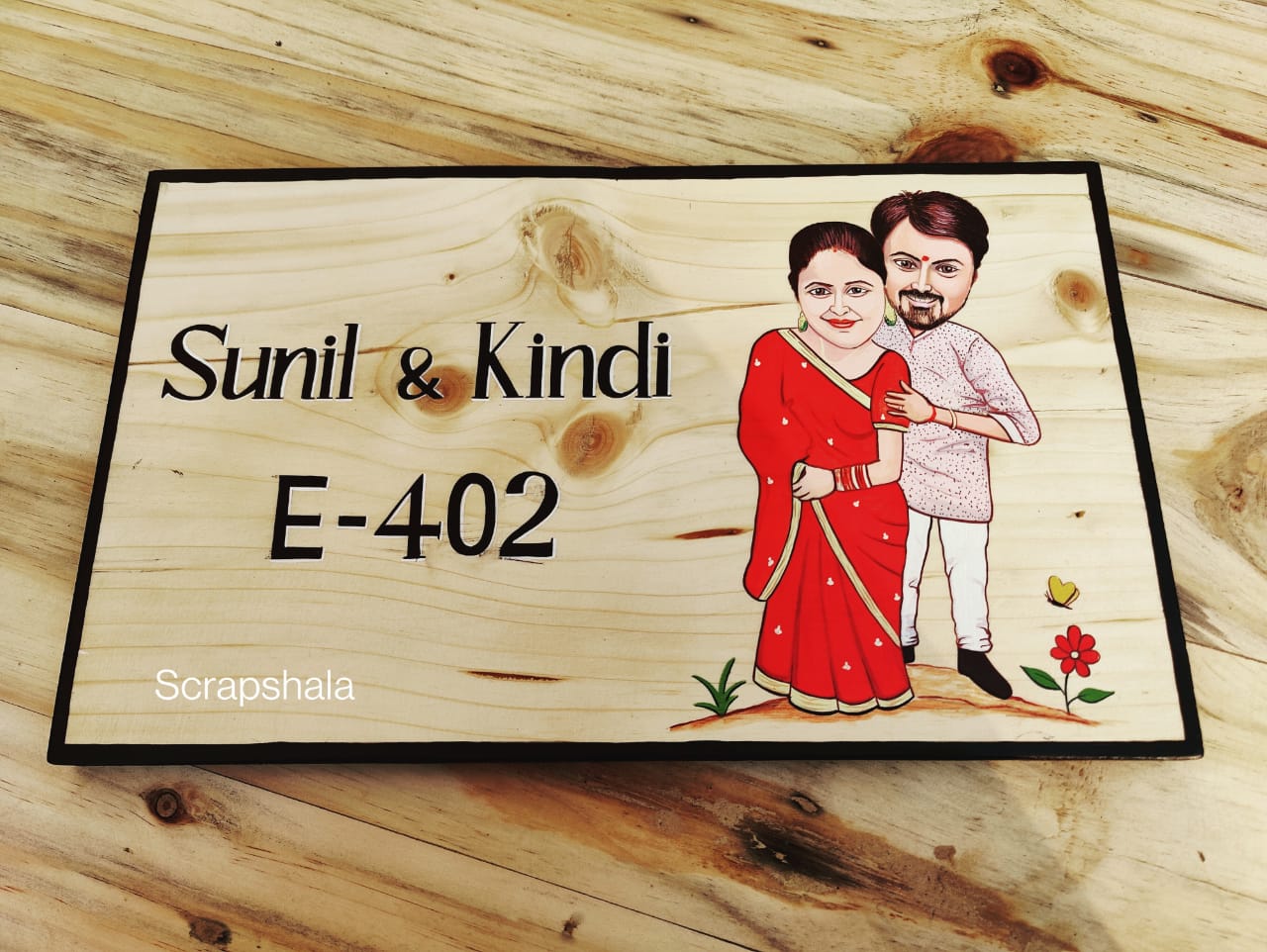 Personalized Caricature Nameplate | Handpainted | Natural wood | Scrapshala