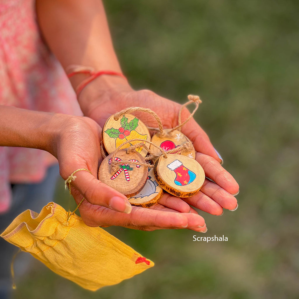 Christmas Ornaments (Pack of 5) | Handpainted, Reusable & Multipurpose | Natural Wood Décor by Scrapshala