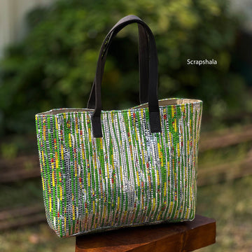 CHAMKILA Upcycled Tote Bag – Eco-Friendly Multicolor Tote Made from Single-Use Plastic Wrappers Handcrafted by Women Artisans