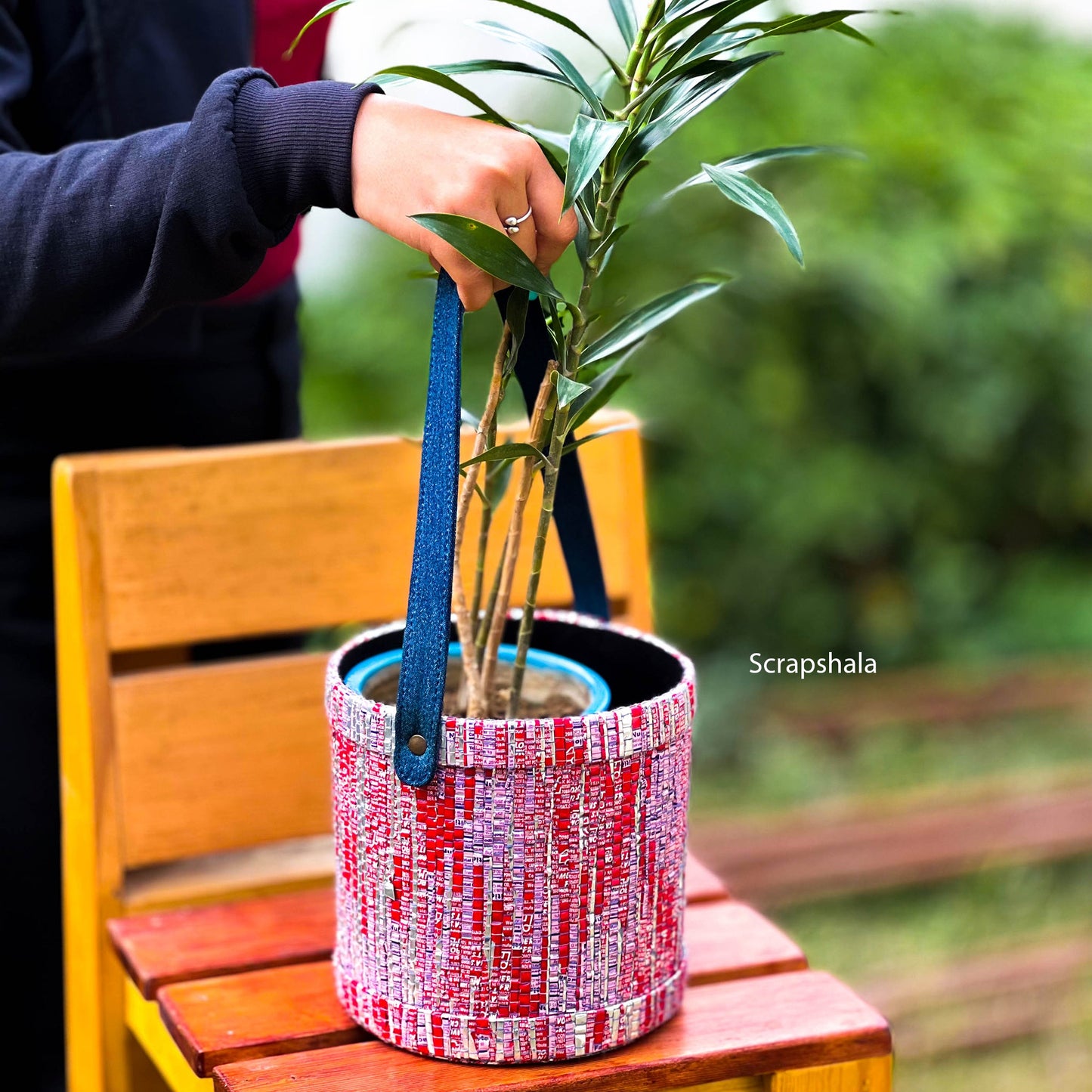 Multipurpose Basket | With Denim Handle | Upcycled Plastic | Handloom textile | Scrapshala