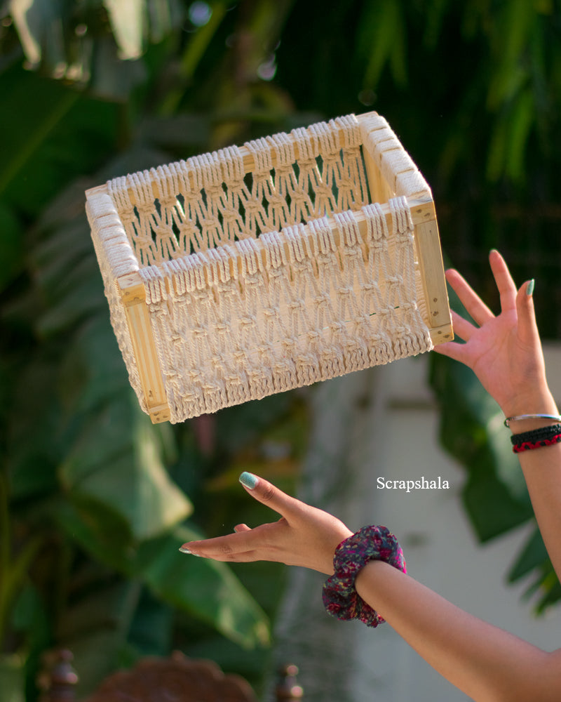 Handcrafted Macramé Storage Basket | Sustainable Home Organizer | Reclaimed Wood & Cotton | Scrapshala