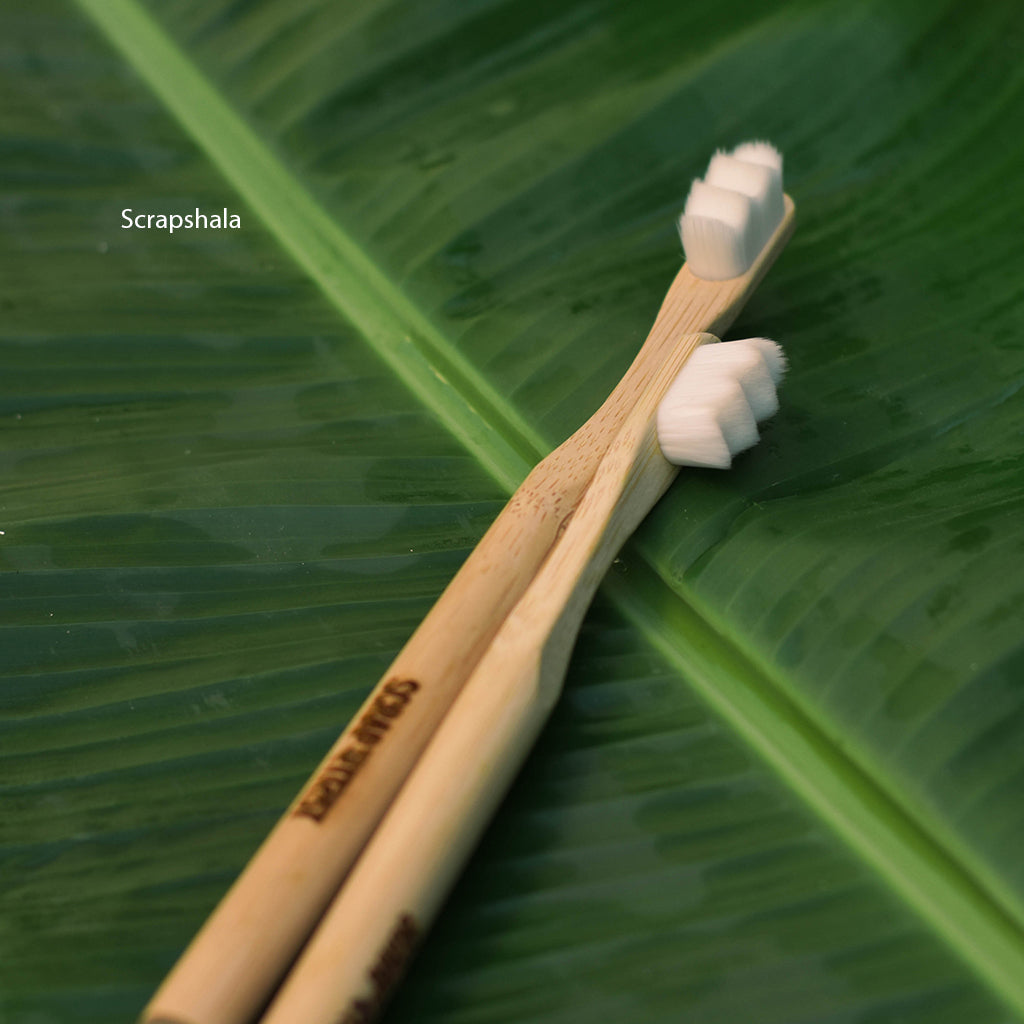 Nano Bambooclean Toothbrush Set | Natural Bamboo Handle | Ultra-Soft zig-zag Bristles | Round handle | Scrapshala