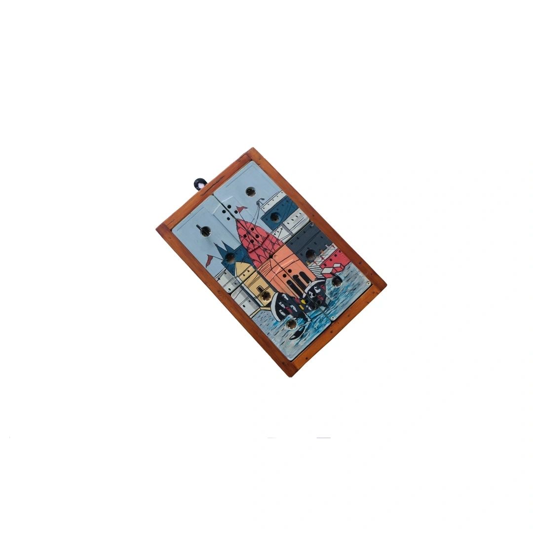Temples of Banaras Key Holder | 2 Hooks | Handpainted | Upcycled audio cassette | Scrapshala