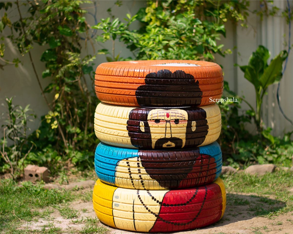 Sadhu Tyre Seater | Set of 4 Upcycled Car Tyres | Handcrafted & Hand-Painted Outdoor Furniture by Scrapshala | Café & Lounge Seating