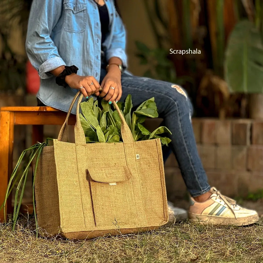 Rozana shopping bag | Natural Jute | Multiple compartments | Reusable | Washable