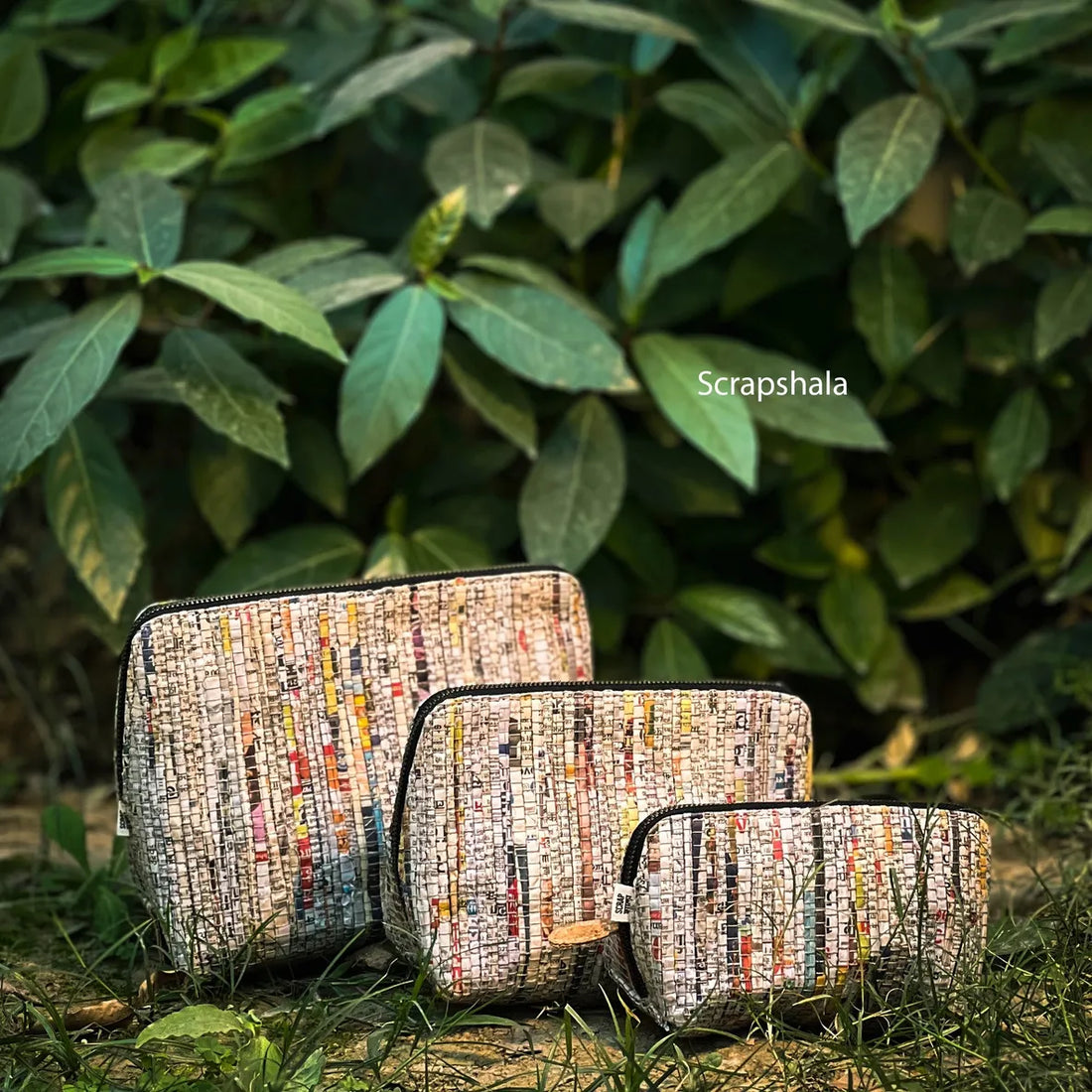 Charcha Zip Pouch Set of 3 | Eco-Friendly Organizer Pouches Made from Upcycled Newspaper