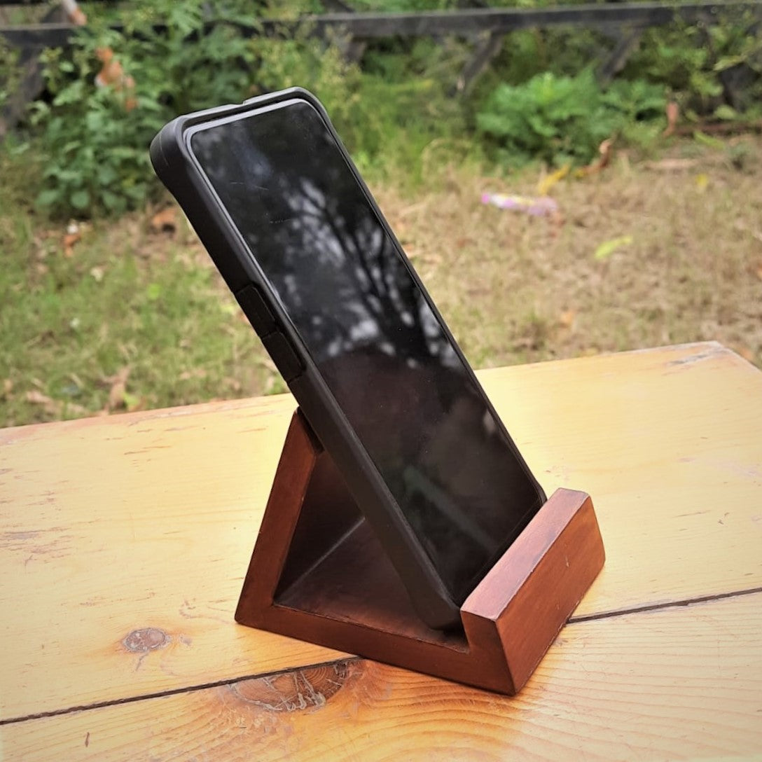 Wooden Mobile Holder Stand | 60° Ergonomic Phone Stand | Reclaimed Pinewood | Handmade & Eco-Friendly