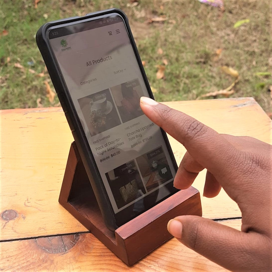 Wooden Mobile Holder Stand | 60° Ergonomic Phone Stand | Reclaimed Pinewood | Handmade & Eco-Friendly